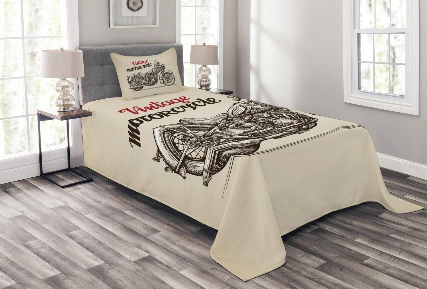 Ambesonne Motorcycle Bedspread, Hand Drawn Chopper Style Bike with Sketch Details Free Spirit of The Rider, Decorative Quilted 2 Piece Coverlet Set...