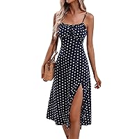 Womens Sundresses 2024 Spaghetti Strap Dresses for Women Floral Print Casual Pretty Sexy Slit Slim with Sleeveless Low Neck Beach Dress Navy Small