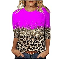 Women Color Block Leopard 3/4 Sleeve Casual Tee Tops Summer Crewneck Trendy Loose Fit Funny T-Shirts for Going Out