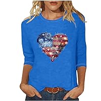 4Th of July Shirts Womens American Flag Shirt 3/4 Length Sleeve Women Tops Independence Day Crewneck Festival Patriotic Tops