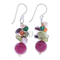 NOVICA Handmade .925 Sterling Silver Multigemstone Dangle Earrings Garnet Peridot Chalcedony Quartz Cultured Freshwater Pearl Cluster Beaded Thailand Birthstone [1.6 in L x 0.6 in W] 'Bright Holiday'