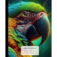 Composition Notebook: Universe Animals Green Macaw Illustration - Wide Ruled Lined Paper Journal For School, College, Office, Work - 7.5