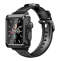 Leather Strap+Metal Case for Apple Watch Band 44mm 40mm Outdoor Sports 2 in 1 Drop-Proof Glass Metal Case for iWatch 3 42mm 38mm (Color : Black Black, Size : 38MM)
