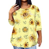 Plus Size Summer Clothes for Women Plus Size Tops for Women Sunflower Print Casual Fashion Trendy Loose Fit with 3/4 Sleeve Round Neck Shirts Yellow 3X-Large