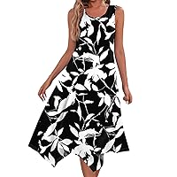 Long Sun Dresses Casual Dresses for Women Summer Floral Print Bohemian Flowy Swing with Sleeveless Round Neck Tunic Dress Black Medium