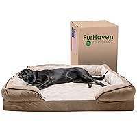 Furhaven Cooling Gel Dog Bed for Large Dogs w/ Removable Bolsters & Washable Cover, For Dogs Up to 125 lbs - Plush & Velvet Waves Perfect Comfort Sofa - Brownstone, Jumbo Plus/XXL