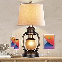 Hamucd Rustic Table Lamps for Living Room Single Lantern Bedside Lamps with Oatmeal Tapered Drum Shades for End Table Bedroom Nightstand Hotel with 2 USB Ports and One AC Outlet