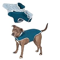 Furhaven Reversible Medium Dog Coat, Washable & Insulating w/ Leash Access - Two-Tone Faux Fur & Quilted Fleece Flex-Fit Jacket - Marine Blue, Medium