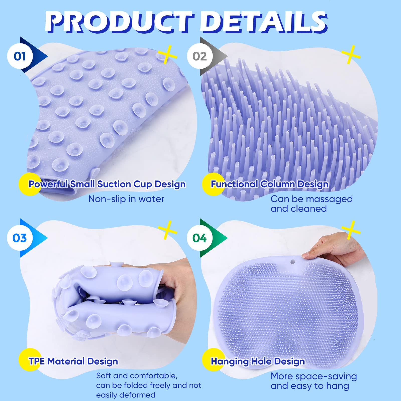 2 Pieces Shower Foot Scrubber Mat Hands Free Back Scrubber for Shower Wall Mounted Bath Massage Pad Back Scrubber Back with Non Slip Suction Cups Foot Cleaner for Men Women (Gray, Blue)