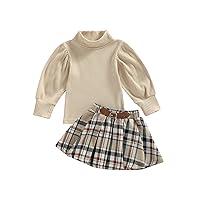 Sasaerucure Kids Toddler Baby Girl Long Puff Sleeve Sweater Tops with Houndstooth Skirt 2pcs Winter Spring Clothes Set