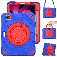 Kids Case for iPad Air 5th/4th Generation: SCSVPN Shockproof Protective Cover for iPad Pro 11 Inch & iPad Air 5/4 Case 10.9 Inch 2022 2020 with Pencil Holder-Stand-Handle-Shoulder Strap, Red Blue