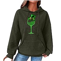 Women's Pullover Sweatshirt Drawstring Green Wine Cup Printed Waffle Hoodie St Patricks Day Long Sleeve Tops with Pocket
