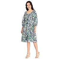 Maggy London Women's Floral Printed 3/4 Sleeve Scoop Neck Dress with Waist Tie