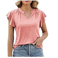 Women Cotton Flowy Ruffle Cap Sleeve V Neck Tops Summer Casual Loose Fit Fashion Solid Color T-Shirts for Going Out