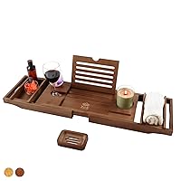 Bathtub Caddy Tray Expandable to 105cm with Bamboo Book Stand and Soap Tray, Brown