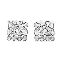 1.00 CTW Natural Diamond Polki Geometric Cluster Square Studs 925 Sterling Silver Platinum Plated Everyday Handmade Slice Diamond Earrings
