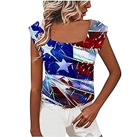 Prime of Day Deals Today 2024 Patriotic Tank Top for Women Square Neck Summer Tops Loose Fit Casual Pleated Shoulder Cap Sleeve Shirt 4th of July Outfits E Blue