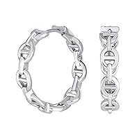 Classic Round Paper Clip Link Open Anchor Puff Mariner Chain Link Hoop Earrings Women Silver or 14K Gold Plated 1.25 Inch Medium Size