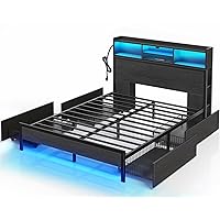 Rolanstar Queen Bed Frame with Storage Headboard, Metal Platform Charging Station, LED 4 Drawers, Bookcase Storage, No Box Spring Needed, Easy Assembly, Noise-Free, Black