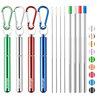 4-Pack Collapsible Stainless Steel Drinking Straws with Aluminum Case, Cleaning Brush, and Keychains - Silver, Blue, Red, Green