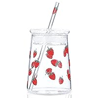Glass Tumbler with Straw and Lid - 18 Oz Reusable Drinking Glass Coffee Cups - Strawberry Glass Cups with Lids and Straws for Iced Coffee, Smoothie, Tea - Clear Glass Coffee Tumbler Mug