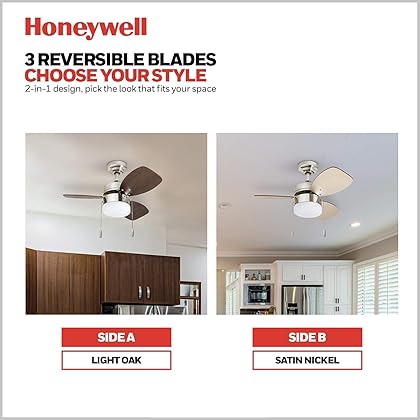 Honeywell Ceiling Fans Ocean Breeze, 30 Inch Modern Indoor LED Ceiling Fan with Light, Pull Chain, Dual Mounting Options, Dual Finish Blades, Reversible Motor - Model 50601-01 (Brushed Nickel)