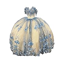 Light Blue 3D Floral Flower Pearl Patterned Ball Gown Quinceanera Prom Dress 2024 Off Shoulder Beige Tulle