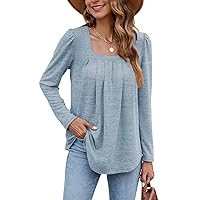 BEUFRI Long Sleeve Shirts for Women Casual Pleated Square Neck Tunic Tops Light Blue 2XL