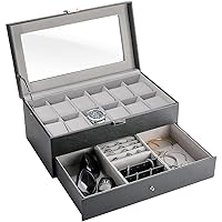 ProCase Father's Day Gift 12 Slots Watch Box Case for Men Women, Mens Jewelry Organizer Watch Holder Display Case with Drawer, PU Leather Watch Storage Boxes with Glass Lid and Pillow - Black