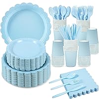 350 Pcs Light Blue Paper Plates and Napkins, 25 Guest Baby Blue Party Supplies Include Light Blue Scalloped Plates Napkins Cups Plastic Spoons Forks Knives for Baby Shower,Wedding,Birthday