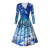 Women's Christmas Party Dress Casual and Fashionable Printed Long Sleeved V-Neck Sexy Dress, S-5XL