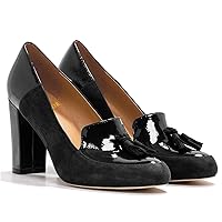 LEHOOR Women Chunky Block High Heel Fringed Pumps Round Toe, Slip On Dress Loafers with Tassel Suede Patent Leather Patchwork for Ladies Girls Office 4-15 M US