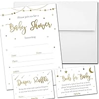 Set of 25 Baby Shower Invitations with Envelopes, Diaper Raffle Tickets and Baby Shower Book Request Cards - Night Stars