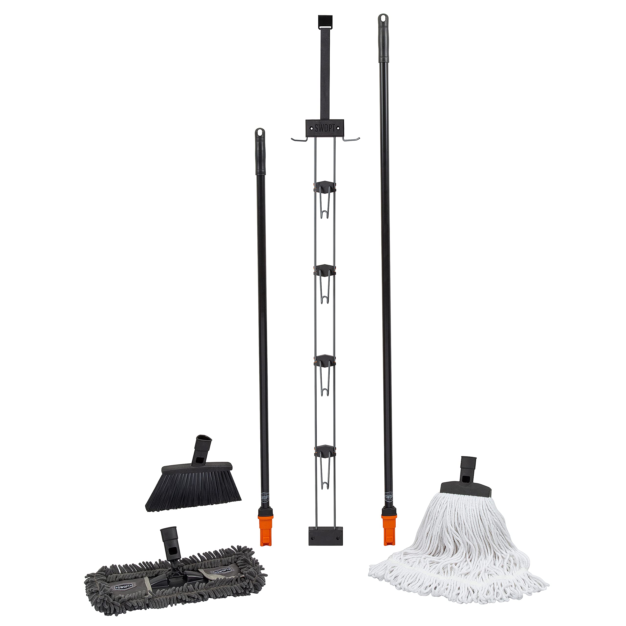 SWOPT Indoor Kit — Includes 18” Dust Mop, Cotton Mop, Angle Broom, 48” and 60” Steel Handles, and Organizer — Cleaning Heads with Long Handle Inter...