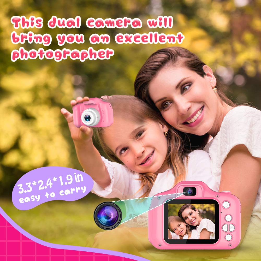 Seckton Upgrade Kids Selfie Camera, Christmas birthday Gifts for Girls/boys Age 3-9, HD Digital Video Cameras for Toddler, Portable Toy for 3 4 5 6 7 8 Year Old Girl with 32Gb SD Card-Pink