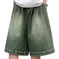 Vintage Denim Shorts for Men's Summer New Loose Fitting Straight Leg Wide Leg Pants with A Quarter Length (Green, XL)