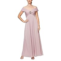 Alex Evenings Women's Long A-line Off The Shoulder Dress with Ruching