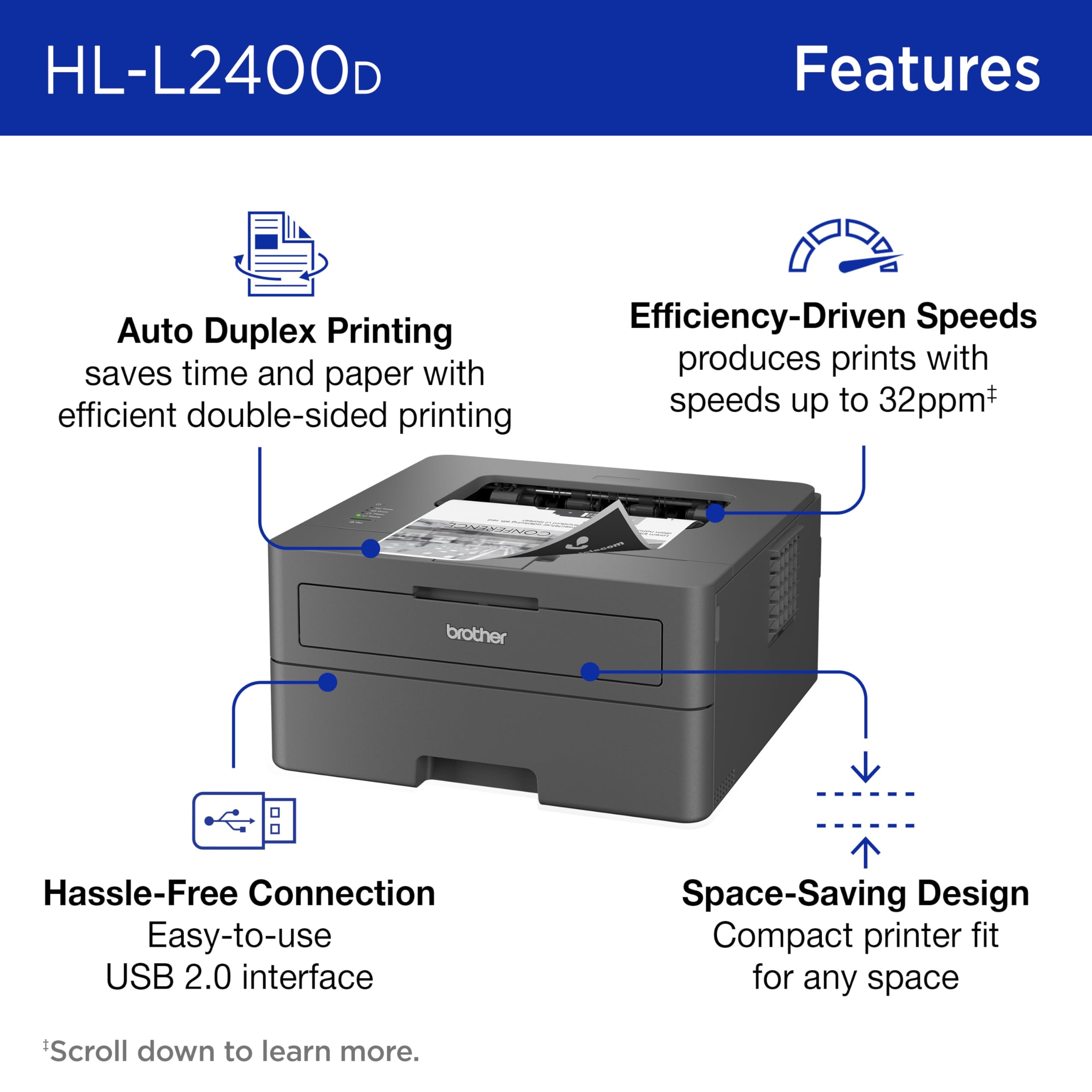 Brother HL-L2400D Compact Monochrome Laser Printer with Duplex Printing, USB Connection, Black & White Output