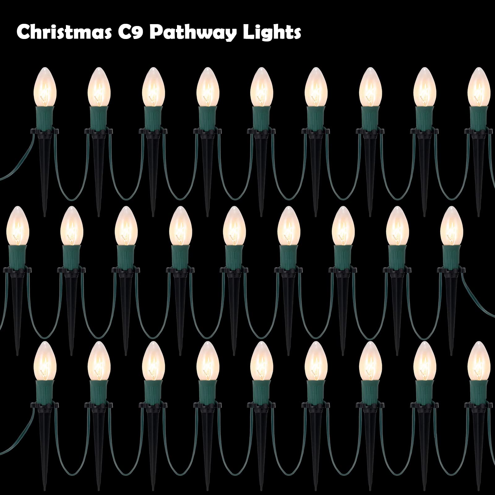 Lumiparty C9 Christmas Lights Outdoor Pathway Marker String Lights 30.75FT Christmas Lights with 24 Bulbs and Stakes for Outdoor Yard, Christmas Decor, Holiday Sidewalk Driveway Christmas Decoration