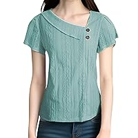 Shirt Women Ruched Tops for Women Solid Color Button Patchwork Fashion Trendy with Short Sleeve Irregular Sleeve Blouses Light Blue Medium