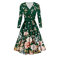 Vintage Dress for Women Fashion Print Elegant A Line Pleated Slim Fit with Long Sleeve V Neck Tunic Dresses