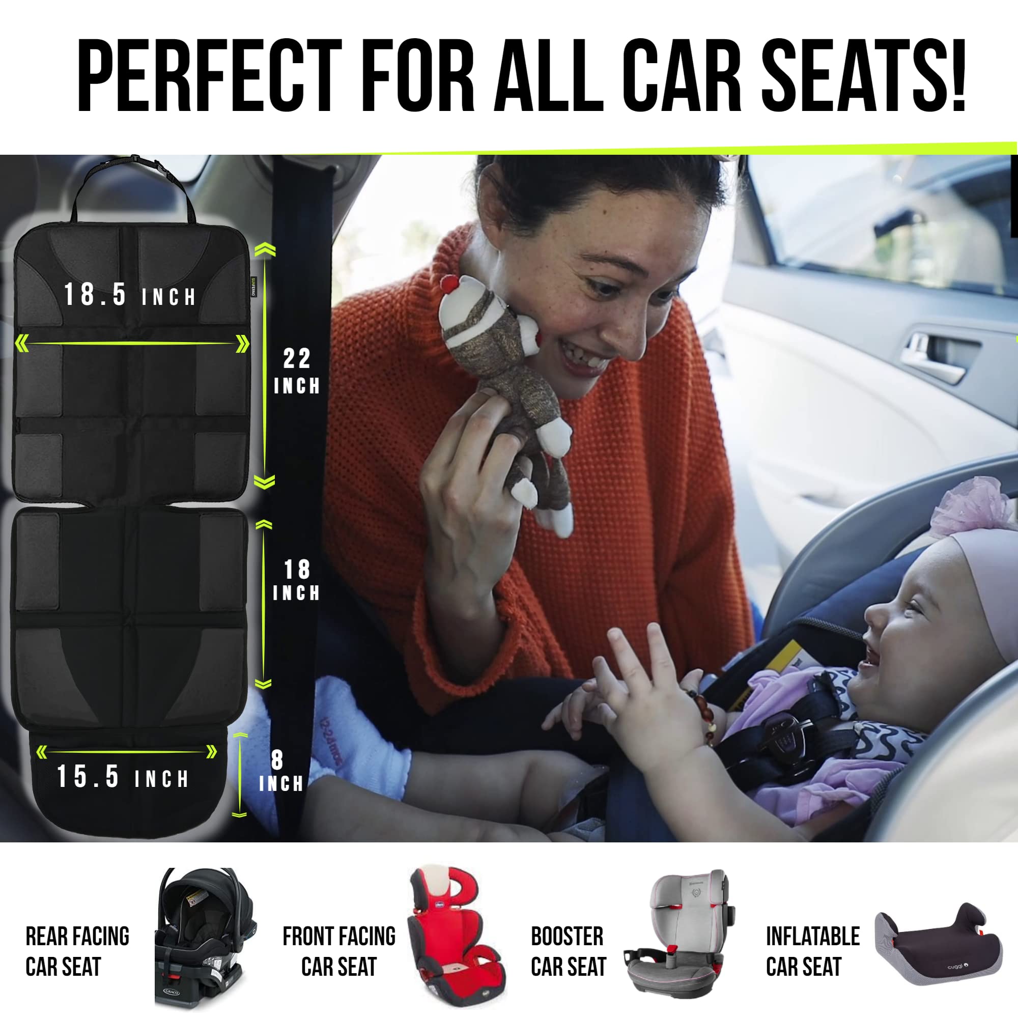 Sunferno Car Seat Protector for Child Car Seat - Non-Slip Water Resistant Thickest Padding Mesh Pockets Carseat Seat Protector - Toddler Car Seat for Leather Seat - Car Seat Cover Pad for Dog & Pets