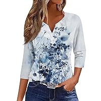 Women's Tops T Shirt Tee Print Button 3/4 Sleeve Daily Weekend Fashion Basic V-Neck Regular Top, S-3XL