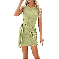Women Slim Fit Mini Tank Dress Tie Knot Ruched Bodycon Dress Cocktail Party Club Sundresses Summer Short Dresses