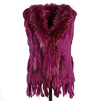 Women's Real Rabbit Fur Knitted Vest Raccoon Fur Collar Trim for Autumn Winter