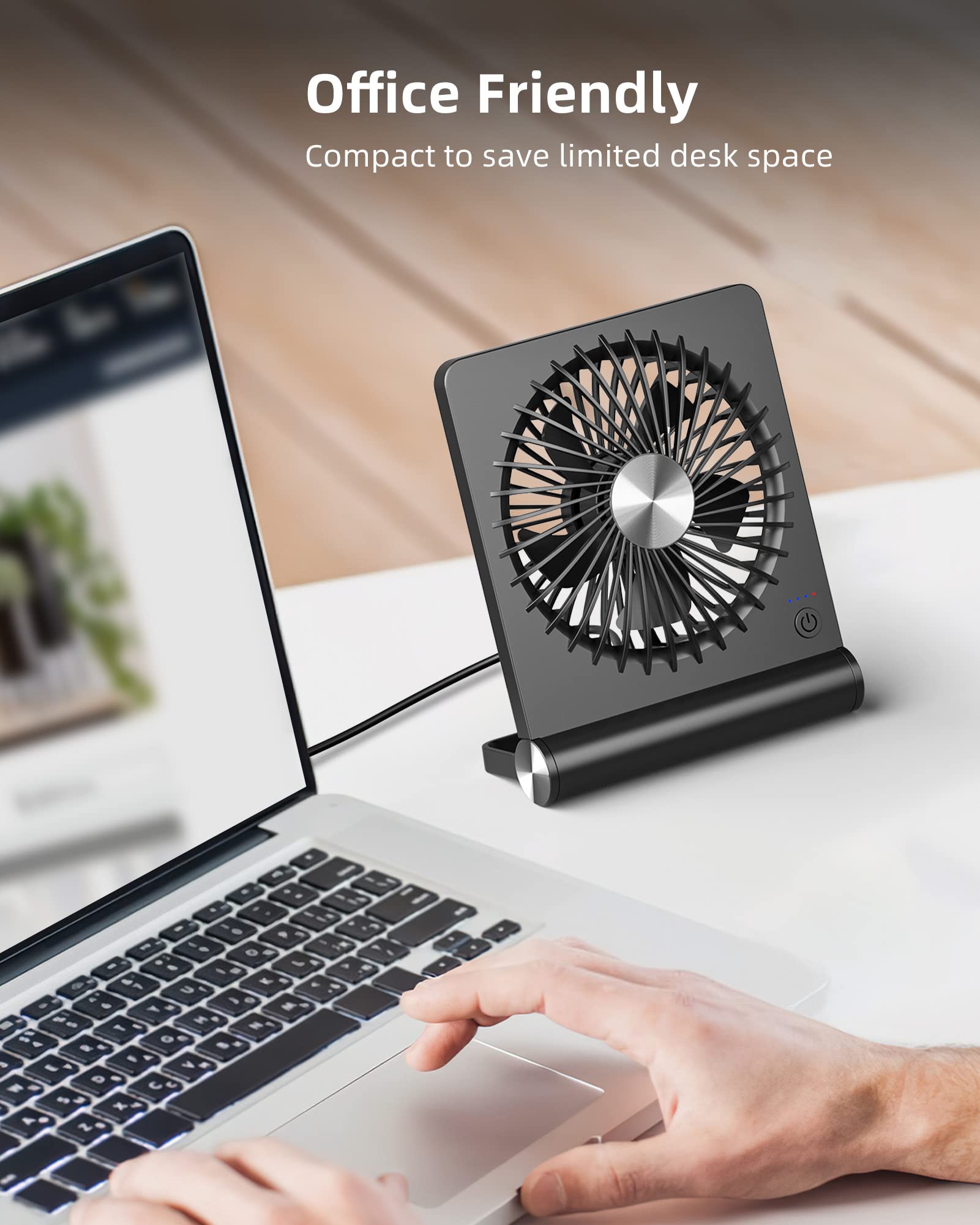 Koonie USB Fan, Strong Wind Ultra Quiet Small Desk Fan 220° Tilt Folding 3 Speeds Adjustable USB-C Powered Personal Fan for Home Office Desktop Black