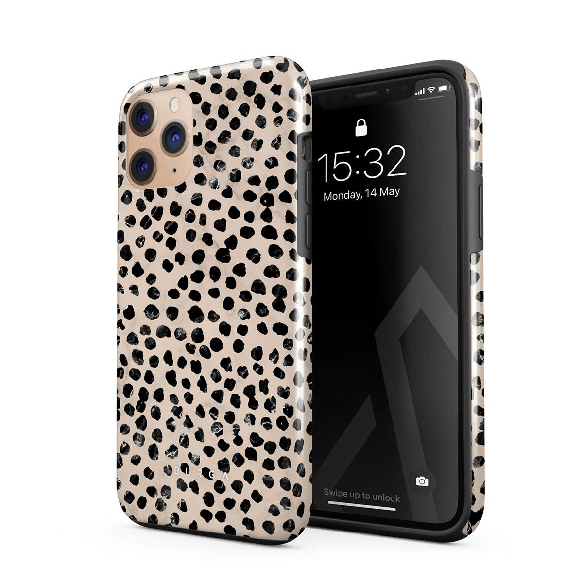 BURGA Phone Case Compatible with iPhone 11 PRO - Hybrid 2-Layer Hard Shell + Silicone Protective Case -Black Polka Dots Pattern Nude Almond Latte - Scratch-Resistant Shockproof Cover