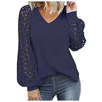 Women Trendy Blouses Casual Loose Knit Tops Hollow-Out Lace Puff Long Sleeve Shirts Solid V Neck Tunics Pullover