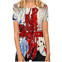 Women's American Flag Shirt Short Sleeve Button Side Tunics 4th of July Tops Independence Day Patriotic T-Shirts