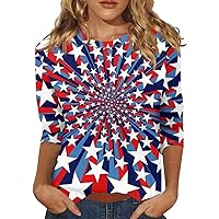 Womens 3/4 Sleeve Tops 4Th of July Outfits Flag Printed Graphic Tees Trendy Scoop Neck Blouses Oversized Tshirts Shirts